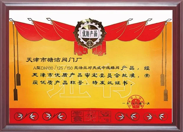 1985年A型DN100-125-150无法兰对夹式中线蝶阀产品荣获优质产品称号