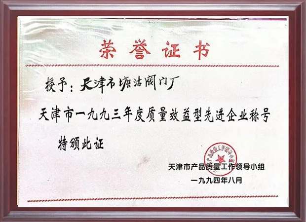 天津市-1993-年度质量效益型先进企业荣誉证书