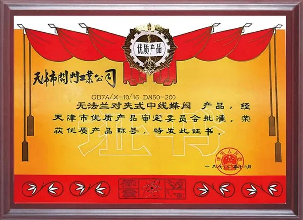 1988年CD7A-X-10-16-DN50-200无法兰对夹式中线蝶阀产品荣获优质产品称号