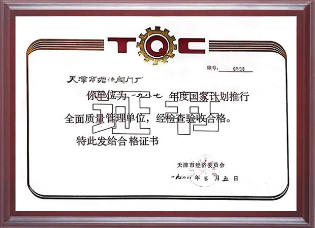 1987-年度国家计划推行全面质量管理验收合格证书