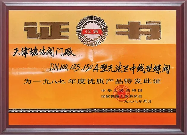 1987年DN100,125,150A型无法兰中线型蝶阀年度优质产品