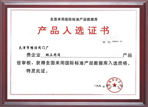 1994年采用国际标准产品入选证书（地上闸阀）