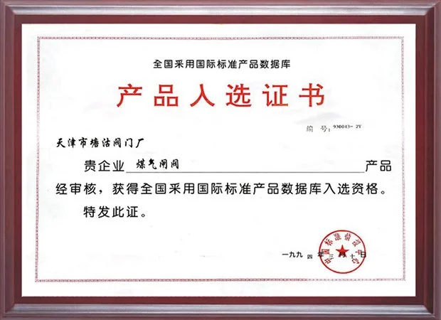 1994年采用国际标准产品入选证书（煤气闸阀）