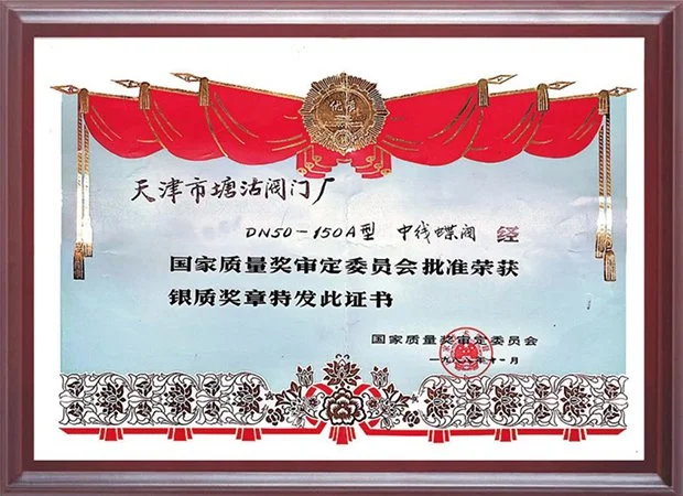 1988年DN50-150A型中线蝶阀银质奖章
