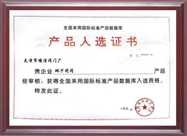 1994年采用国际标准产品入选证书（地下闸阀）