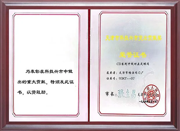 1994年天津市科技兴市突出贡献奖荣誉证书